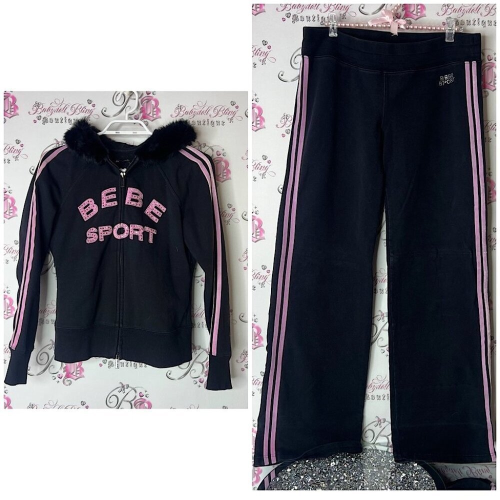 bebe set sweater pants striped rabbit fur hood trim Black Pink Track Pants